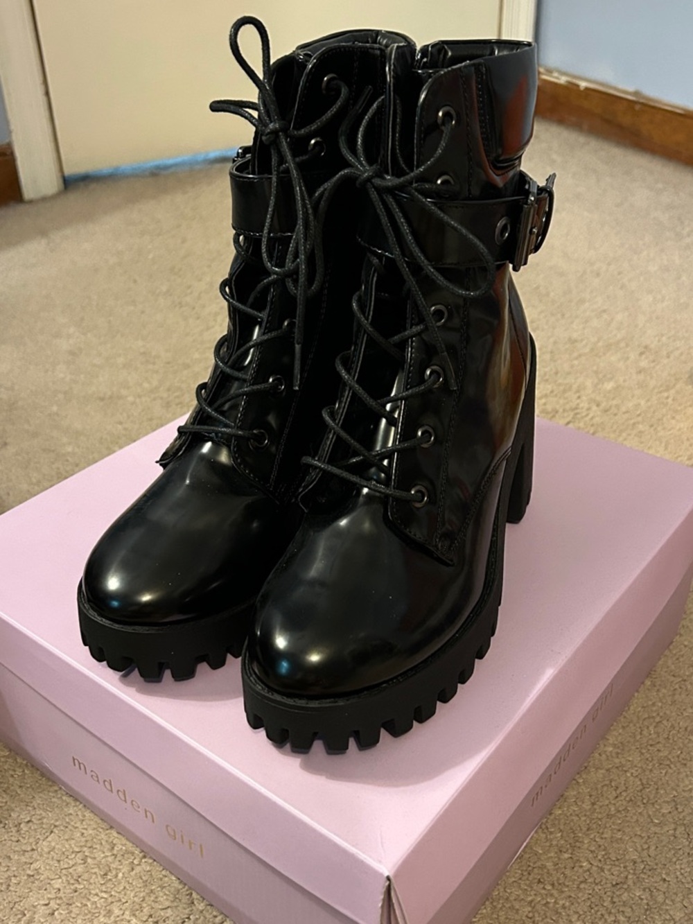 Steve Madden Women’s Black Lace-Up Platform Combat Boots